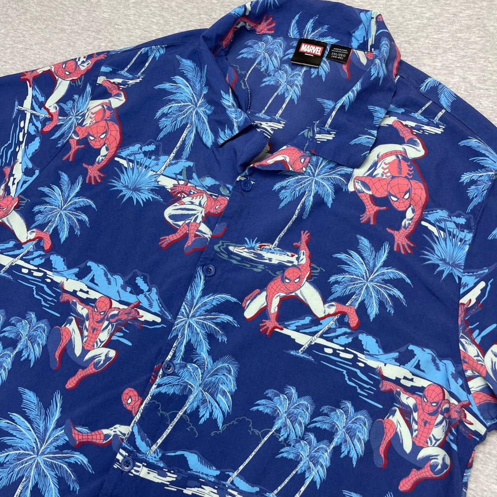 Marvel Spider-Man Hawaiian Shirt Mens 2XL Blue Tropical Palm Tree Navy Button Up